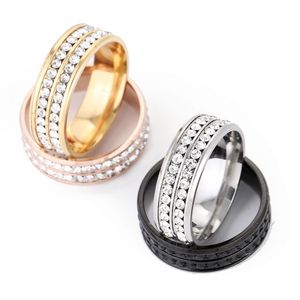 Nuovi anelli di fidanzamento per matrimoni con diamanti in oro rosa nero in acciaio inossidabile al titanio con 2 file di strass per amanti all'ingrosso