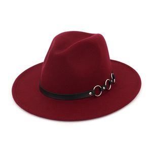 Moda- Jazz Fedora Hats anel de metal Lã Decore Couro Felt Fashion Style Hat Aba larga Panamá Fedoras Trilby Preto para Mens Womens