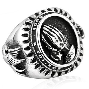 Men Fashion Vintage 316L Stainless Steel Blessed Virgin Mary Pray Hand Religious Ring Lucky Power The Praying Hands Rings Silver + Black US