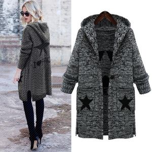 Осенние зимние карманы звезды напечатанные повседневные вязаные длинные свитер пальто женской одежды женщины плюс размер кардиган