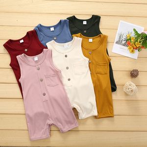 Infant Baby Button Jumpsuit Girls Pocket Romper Kids Designer Clothes Boys Solid Sleeveless Jumpsuits Kids Casual Outfits M1509