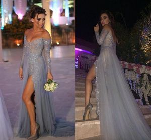 Paolo Sebastian Formal Off Shoulder Long Sleeves A Line Gray High Side Slit Party Evening Dresses Custom Made