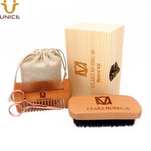 MOQ 100 PCS Amazons Choice Hair Combs Beard Brush Steel Scissors OEM Customize LOGO Gentlemen Mustache Care Kits with Custom Wooden Box & Bag