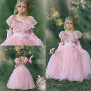 Rosa Blumen-Mädchen-Kleider für Hochzeit, quadratische Spitzenapplikationen, Blumen-Kinderfestzug-Kleider, abgestuftes Tüll-Geburtstagsparty-Kleid