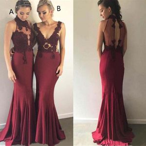 Bordo Gelinlik Modelleri Batı Düğün Için Yüksek Boyun Oymak Aplike Dantel Hizmetçi Onur Törenlerinde Mermaid Akşam Balo Vestidos BD8927