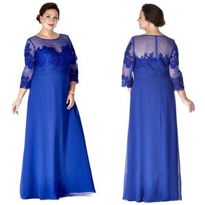 Cheap Chiffon Plus Size Dresses Sheer Neck Long Sleeve Mother Party Prom Dress Evening Gown For Special Occasion With Lace Appliques SD3415