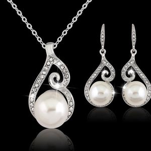 Newest Women Crystal Pearl Pendant Necklace Earring Jewelry Set 925 Silver Chain Necklace Jewelry 12pcs Sale HJ243