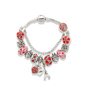 Partihandel-Röd torn Hängsmycke Armband för Pandora Smycken Silver Platiserad DIY Charm Beaded Armband med Original Box Holiday Gift