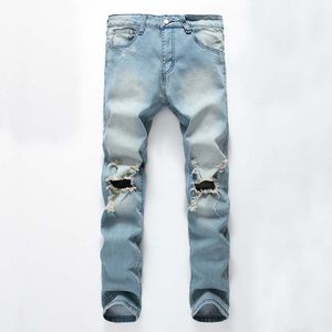 Men Casual Jeans Denim Pants Straight Distressed Ripped Vintage Knees Holes Middle Waist Regular