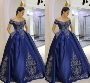 2020 Navy Blue Silver Embroidery Beads Prom Quinceanera Dresses Empire Waist Off The Shoulder Open Back Party Dresses Evening Wear New