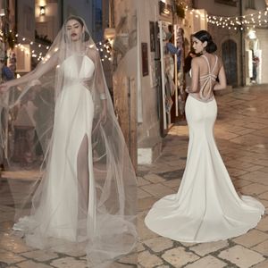 Luisaspo Newest Bohemian Mermaid Wedding Dresses Split Halter Sleeveless Satin Crystal Hollow Wedding Gown Sweep Train robe de mariée