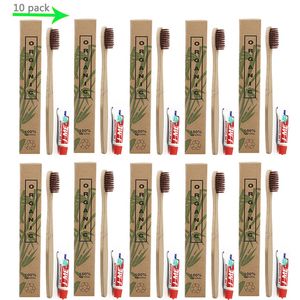 10 sztuk / zestaw Eco Przyjazny Naturalny Bambusowy Węgiel Dyspozytalny Travel Toothbrush z pasty do zębów Zestaw do pielęgnacji do pielęgnacji do zębów Travel Toothbrushes do hotelu Home