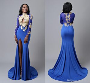 Plus Storlek Sexig Royal Blue African Mermaid Prom Klänningar Hög Juvel Neck Lace Appliqued Evening Gown Formell Klänning Ogstuff Vestidos de Fiesta