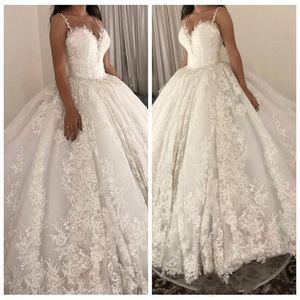 Dubai árabe luxo vestidos de baile rendas apliques vestidos de casamento cintas espaguete capela trem vestido de casamento vestidos de noiva robe