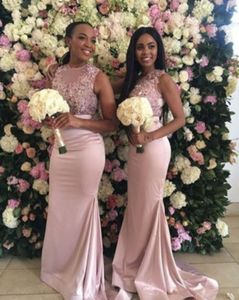 Rose Pink Sheath South Afryki Kraj Ślubny Suknie Koronkowe Aplikacja Klejnot Zamek Tanie Druhna Dress Suknie wieczorowe Prom Plus Size
