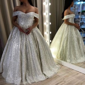 Silver Sequined Prom Evening Dresses Ball Gown Plus Size Sexy off Shoulder Bead Prom Dress Long Formal Gowns Vestidos de Formatura