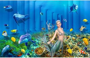 Boyama Açık Duvar Resimleri Sualtı Dünya Mermaid Yeraltı Sarayı 3D Arka Plan Duvar Boyama