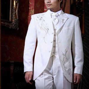 Embroidery Groom Wedding Tuxedos White Mens Peaked Lapel Suits Men Designer Jacket Blazer Fashion 3 Piece (Jacket+Vest+Pants)