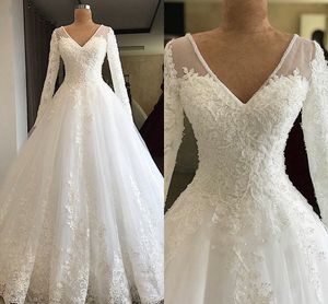 الوهم طويل الأكمام الرباط الكرة بثوب فساتين الزفاف 2019 الخامس الرقبة الخرز الترتر زين vestido دي novia أثواب الزفاف فستان الزفاف زائد الحجم