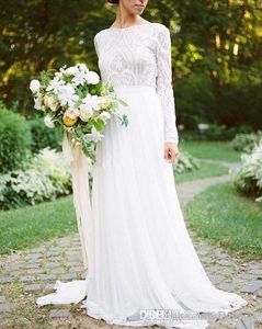 Nowe letnie sukienki ślubne klejnot skromny koronkowy koronkowy z długim rękawem Długość podłogi górna plisat Tiul Long Bride Suknie ślubne
