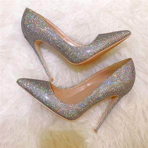 Free shipping fashion Women pumps silver glitter point toe bride wedding shoes high heels genuine leather real photo 12cm 10cm brand new