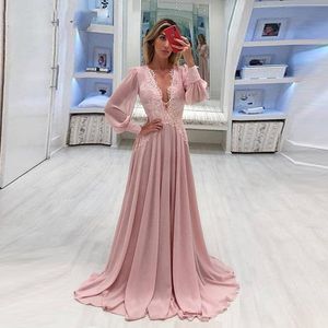 Pink Long Sleeve Evening Dresses Lace Chiffon Robe De Soiree Plus Vestidos De Fiesta De Noche Arabic Muslim Special Occasion