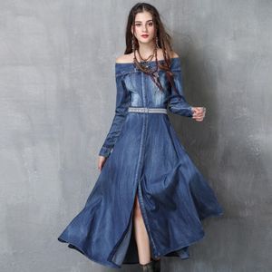 Spring Casual Dresses Slash Neck Embroidery Denim Skirts Openwork Retro Long Sleeve Dress Skirt Plus Size