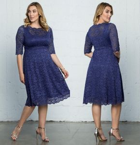 Navy Blue Plus Size Lace Formal Dresses With Half Sleeves Sheer Bateau Neck Knee Length Evening Gowns A-Line Short Prom Dresses