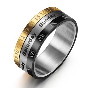 2019 moda anel de aço inoxidável para homens três cores calendário semana o numeral romano tempo rotativo anel homens jóias
