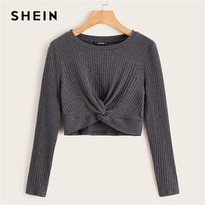 SHEIN Solid Twist Front Rib-knit Crop Top Fitted T Shirt Women Autumn Winter Long Sleeve Round Neck Casual Cute Tshirt Tops