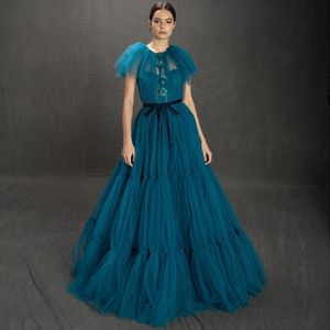 Classy Appliqued Kortärmad Prom Klänningar Sheer Jewel Neck A Line Evening Gowns Plus Storlek Tulle Pläterad Formell Klänning