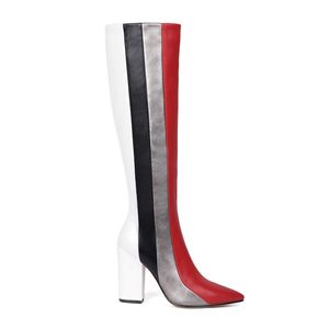 Hot Sale-New Fashion Women Winter Knee High Boots Square High Heels Boots Pointed Toe Multi color Party Shoes Women US Size 4-13