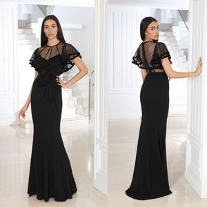 2020 Eleganta svarta sjöjungfrun kvällsklänningar chiffongjuvel applique prom klänning golv längd speciella tillfällen klänningar