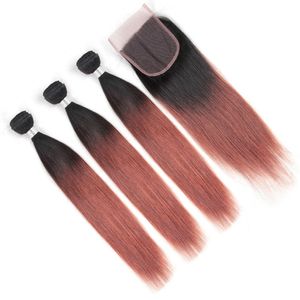 #1B/33 Dark Auburn Ombre Straight Brazilian Human Hair 3Bundles with Closure Copper Red Hair Bundles with Closure Reddish Brown Weave Wefts