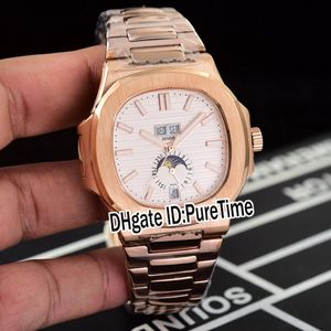 جديد نوتيلوس السنوي التقويم Moonphase 5726 التلقائية الرجال ووتش روز 18K الذهب الأبيض نسيج الهاتفي الفولاذ المقاوم للصدأ سوار Puretime E88g7