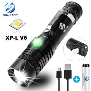 مصباح يدوي مضيا فائقة مشرق مع XP-L V6 LED مصباح الخرز للماء الشعلة Zoomable 4 أوضاع الإضاءة متعددة الوظائف شحن USB