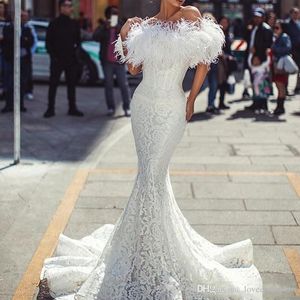 New Arrival Elegant Sexy Full Lace Mermaid Evening Dresses with Feathers Bateau Neck Floor Length Formal Dress Prom Gowns robe Custom Made