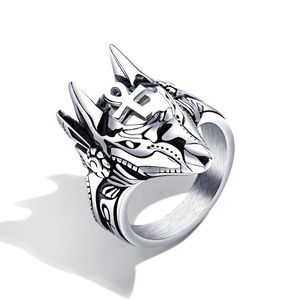 Stainless steel men's retro domineering Anubis Egyptian cross ring game peripheral jackal head rings jewelry