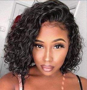 Hot hd full lace curly bob human hair wigs lace closure frontal wig pre plucked water wave brazilian human hair wigs 12inch 150%density