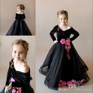 Vintage Black Girls Pageant Dresses A-Line Off Shoulder Long Sleeves Red 3D Flower Girls Flower Dresses Organza Birthday Party Gowns Custom