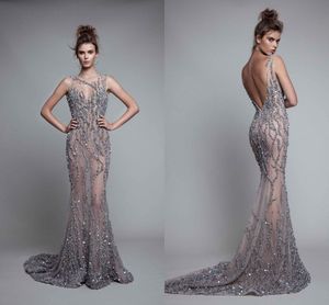 Berta 2020 Crystal Poaded Evening Dresses Luxury Open Back Mermaid Prom Gpen Long See Through Formal Party Pageant wear259g