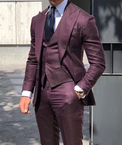 Handsome One Button Burgundy Wedding Groom Tuxedos Peak Lapel Groomsmen Men Suits Prom Blazer (Jacket+Pants+Vest+Tie) NO:2113