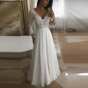 Vestido دي novia 2020 طويلة الأكمام شاطئ رخيصة فستان الزفاف الدانتيل الشيفون ثوب الزفاف مثير الخامس الرقبة الطابق طول اللباس الزفاف