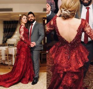 Glamorous Mother Of The Bride Dresses Long Sleeve Tiered Lace Prom Dresses Red Beads Pearls Plus Size robe de mariée Evening Dress B87