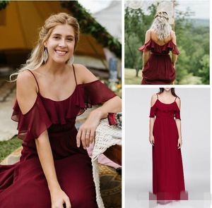 Abiti da damigella d'onore Bury Chiffon con spalle scoperte Spalline sottili Lunghezza pavimento Abito da damigella d'onore per feste di matrimonio sulla spiaggia