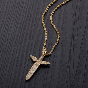 Fashion- and White Gold Bling Diamond 21 Savage Angel Sward Chain Necklace Iced Out CZ Cubic Zirconia Lovers Jewelry Gifts for Men and Women