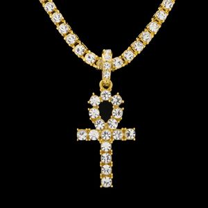 Egyptian Ankh Key Necklaces Mens Bling Gold Plated Chain Rhinestones Crystal Cross Iced Out Pendant For women's Rapper Hip Hop Jewelry DHL