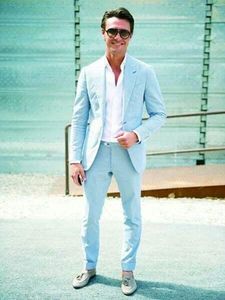 Fashion Light Blue Groom Tuxedos Vacker topp Lapel Män Formell Passar Företag Män Använd bröllop Prom Middagsdukar (Jacka + Byxor + Tie) 2159