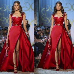 Vermelho vestido de noite longo vestido cetim alto lado slit uma linha formal vestidos de festa mulheres vestido de celebridade personalizado