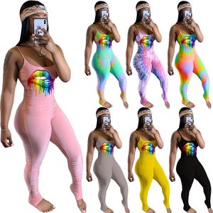 Summer Women fitness yoga slip Jumpsuits fashion Rompers sleeveless solid color skinny print bodysuits Casual sports Overalls 3208